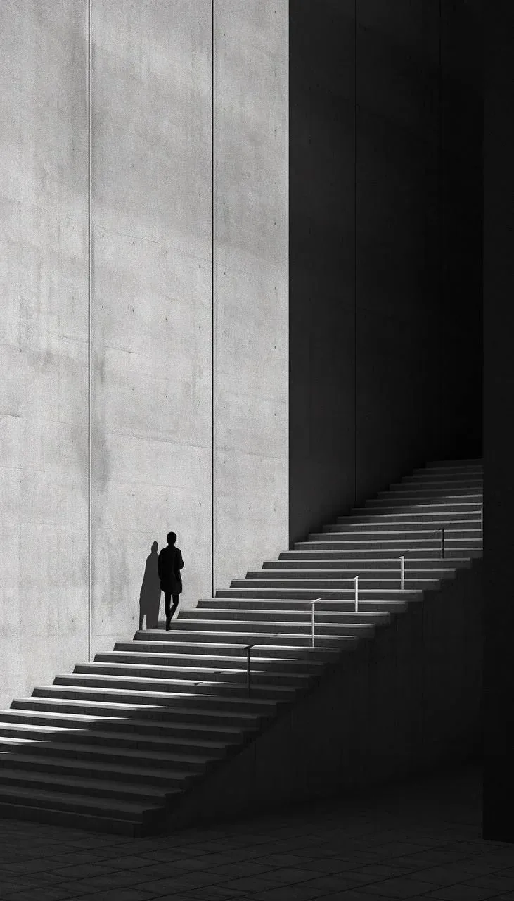 Persona ascendiendo por una arquitectura de líneas precisas