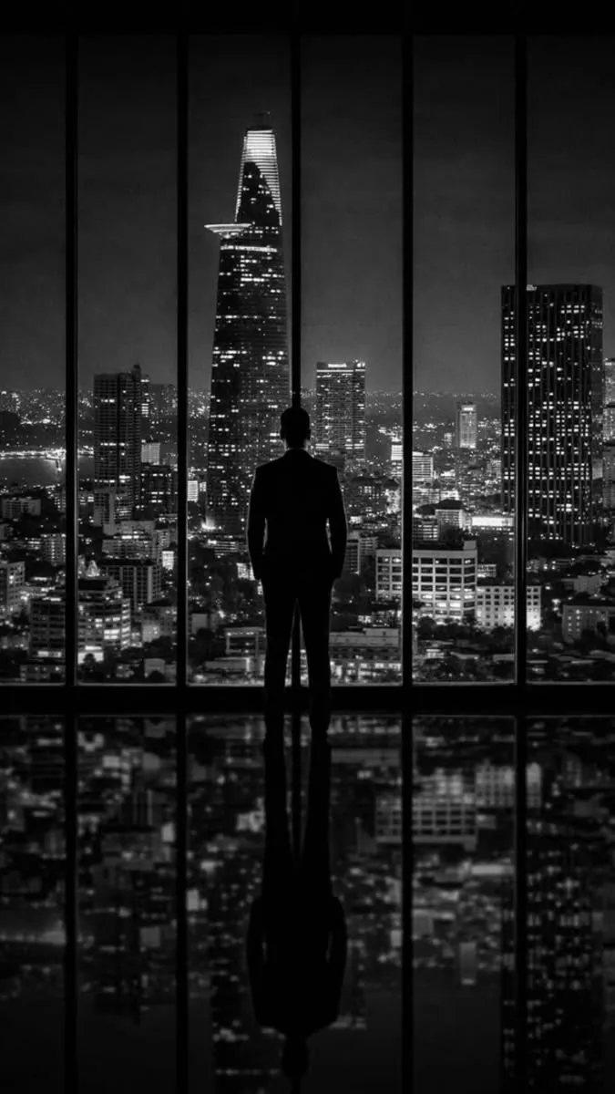 CEO o propietario frente a una ciudad de noche en blanco y negro
