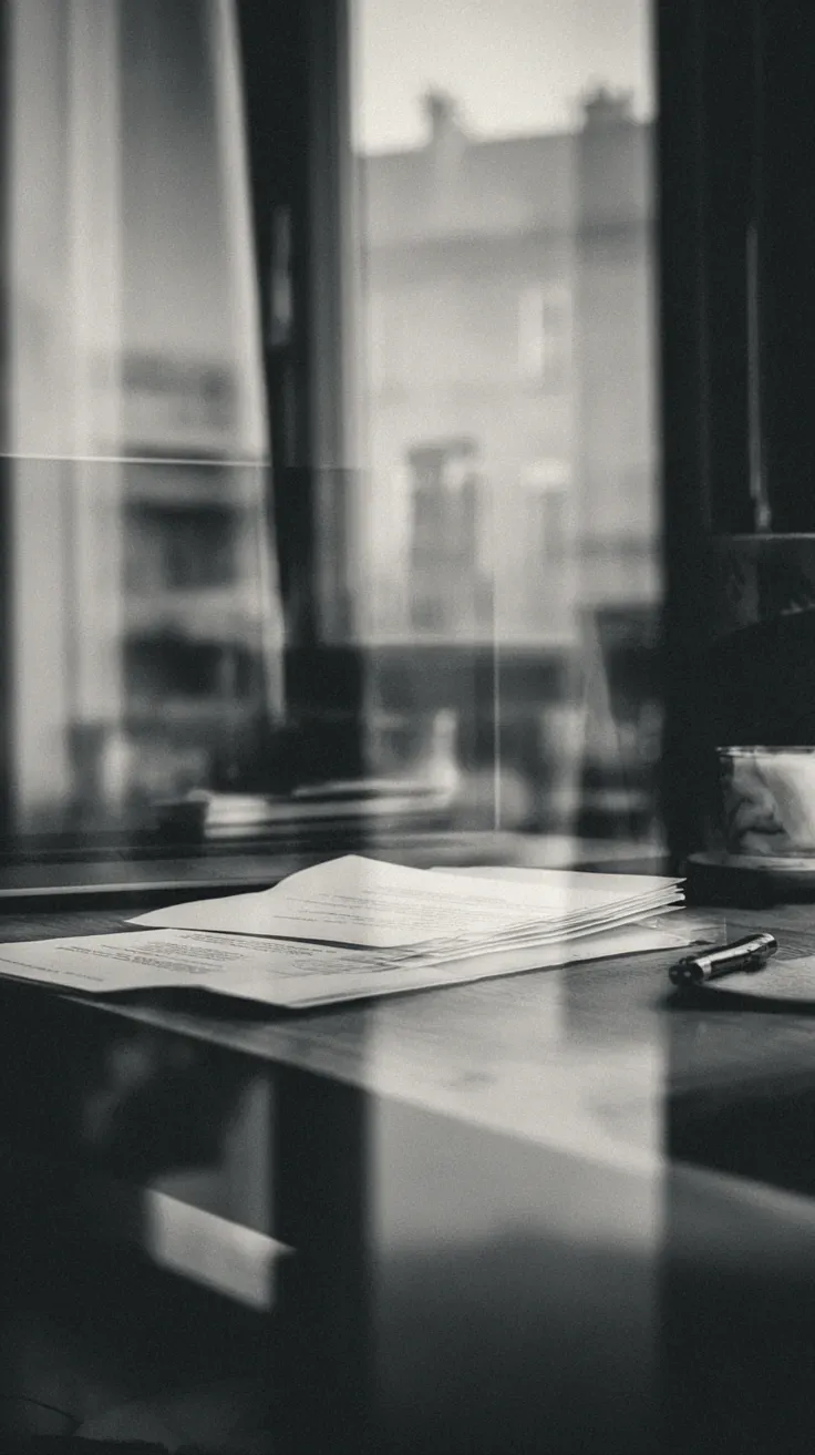 Documentos de decisión sobre una mesa de trabajo en blanco y negro